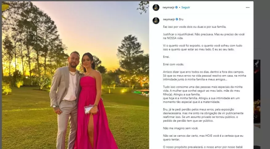 “Errei”, diz Neymar em pedido de desculpas para a namorada após suposta traição