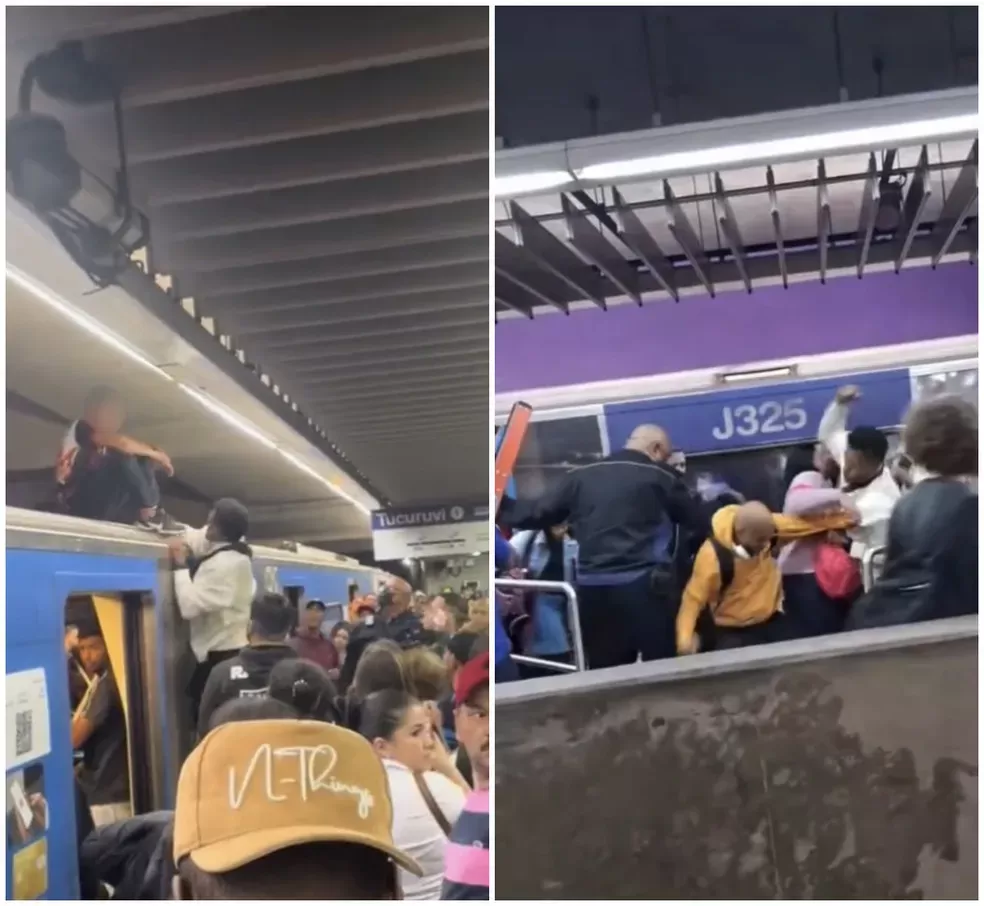 Homem senta em cima de vagão do Metrô, interrompe circulação de trens e gera confusão em estação da Linha 1-Azul, em SP